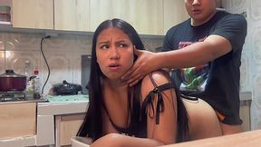 Deep doggy fuck with my hot booty Latina stepmom in the kitchen