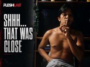 SHHH...THAT WAS CLOSE: Tatted Pinoy Twink Strokes His Fat Filipino Cock, Almost Caught by Roommate