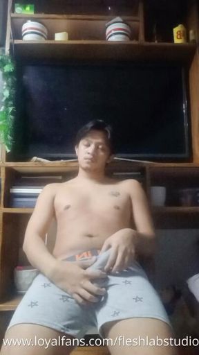 Tatted Pinoy Twink Strokes His Fat Filipino Cock, Almost Caught by Roommate