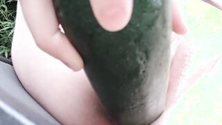 Desperate cunt with mouth Fucks Herself With Zucchini Into Garden