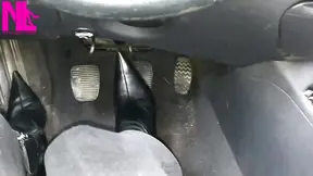 Hottest leather-booted babe pedals and unzips