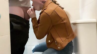 Big-Breasted Teacher Sucks her Student's Cock in the university Bathroom