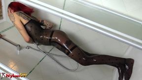 Fabulous redhead babe fills her pierced twat with a big dildo