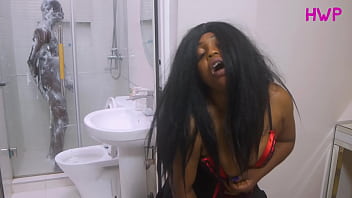 Rich man&#039_s wife squirt so much while she fucks herself with her big Dildo while watching her  big black dick driver take his bath, watch as the driver gives her a hard sex when he caught her peeping her