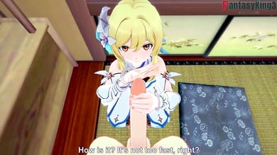 Blonde anime girl Lumine gives a slow handjob in POV fantasy style