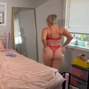 Bored MILF tries on different lingerie for her small-dick friend