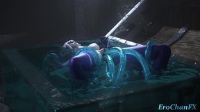 Genshin Skirk trapped and tentacled in a mimic chest