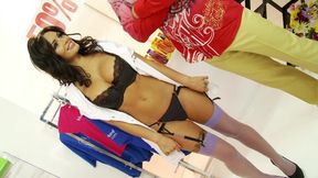 Busty brunettes get pounded by two guys in a store