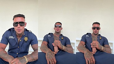 A man in police officer cosplay jerks off