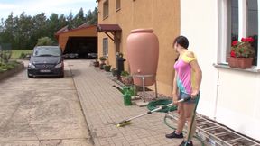 Sexy German babe rides big dick in the backyard