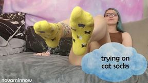 trying on cat socks