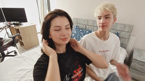 My stepfather and I fucked a busty bitch and came inside her pussy.