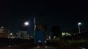 Brunette wife gives hot blowjob to helpful guy at train track