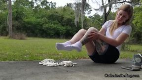 Taking a Break Outside, Catherine Sterling Slips off Sneakers for Socked Self Bondage Hogtie! SD Mobile view version