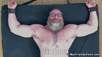 Bearded huge hunk with glasses tickle tormented by his dom