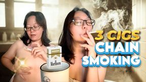 Topless Asian MILF Chainsmokes 3 Marlboro Gold Cigarettes + Morning Towel Drop Tease