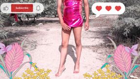 sexy trans barbie strips naked in public with nice heels and anal plug of very hot slut enjoy her naked