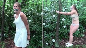 Rachel- Woods, Tennis Skirt, Underwear, Handcuffed To Tree, Tape Gag