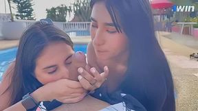 Hot fucky-fucky in public pool with Jenifer, real Latin girls, jizz on face! Amateur vacation, filthy girl!