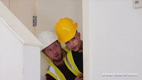 Slurping dual cocks &mdash;  ravishing two repairmen's dicks &mdash;  cum-covered faces ensue
