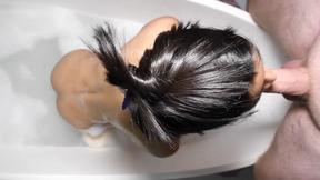 ”Flat chested Asian ladyboy teen bathtub washing & P-O-V blowjob”