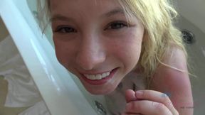 Bubble butt blonde teen girlfriend Kenzie Reeves gives POV homemade blowjob and footjob