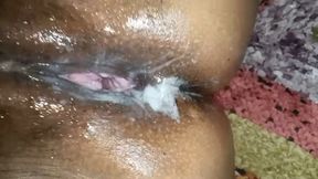 Getting bath in bathroom front of husband.