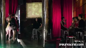 Three hot babes share men at wild bachelorette party disco orgy