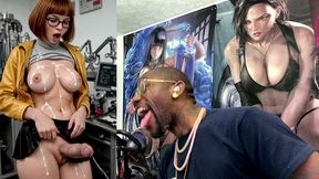 transgender velma hands free cums out of her girl cock and all over herself, ai generated