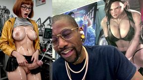 transgender velma hands free cums out of her girl cock and all over herself, ai generated