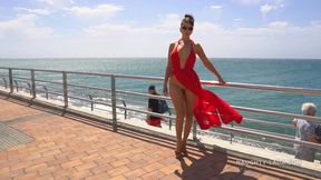 Naughty exhibitionist MILF - Red Dress on Public Beach
