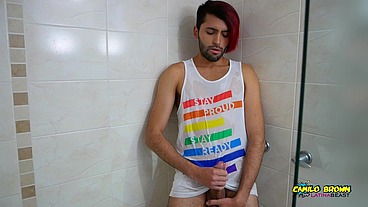 Hot colombian guy pissing all over his body and jerking off - Camilo Brown