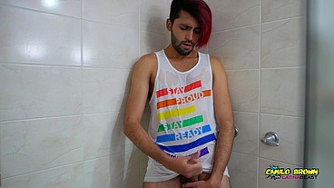 Hot colombian guy pissing all over his body and jerking off - Camilo Brown
