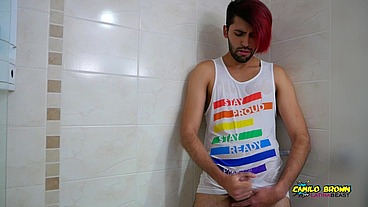 Hot colombian guy pissing all over his body and jerking off - Camilo Brown