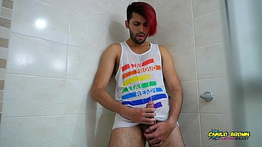Hot colombian guy pissing all over his body and jerking off - Camilo Brown