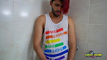 Hot colombian guy pissing all over his body and jerking off - Camilo Brown