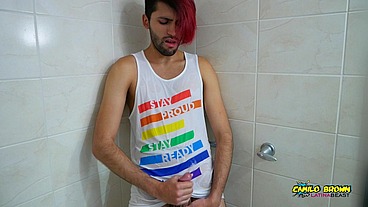 Hot colombian guy pissing all over his body and jerking off - Camilo Brown