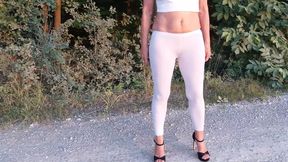 Mature Woman in White Leggings Outside!