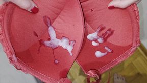 Huge cumshot in bra cups, after amazing blowjob and titjob