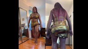 Black Babe Danae in a Sexy Gold Bathing Suit, Stripping, Fucking Her Dildo and Shooting Her Load