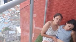 passionate kisses and touching my girlfriend's pussy on the balcony