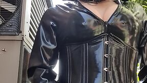 Rachel struts in latex catsuit and thigh boots