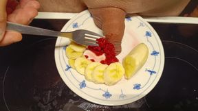 Plate of Cock with Banana and Raspberries