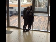 wetsuited silicone masked guy cums on his dummy at patio windows