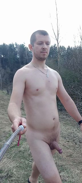 Naked Guy Walks in Nature and Jerks off