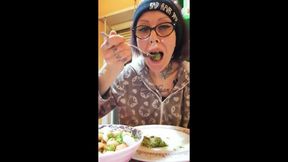 Vegan GF eats burgers while exposing herself outdoors