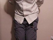 Desperate and handcuffed guy wets his pants