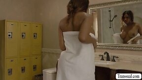 Horny guy anally pleases ebony ts in locker room