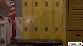 Horny guy anally pleases ebony ts in locker room