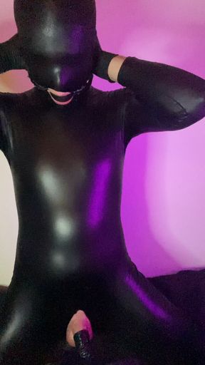 latex mask breath play &amp; jerking in shiny zentai